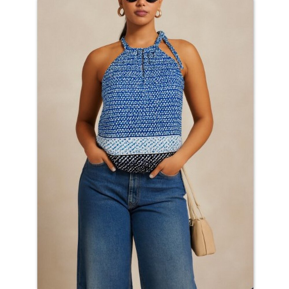 The Limited Tie-Neck Halter Top M Blue Geometric Y2K Summer Capsule Resort Boho